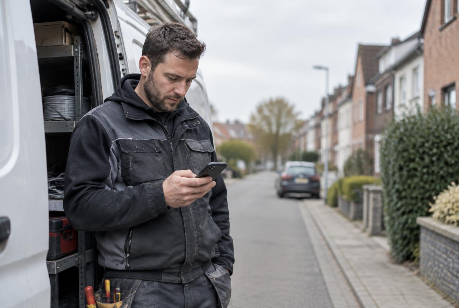 Vakman bekijkt een binnengekomen aanvraag op zijn gsm